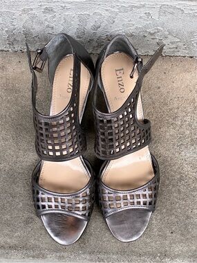 Enzo Angiolini Pewter Laser-Cut Block Heel Sandals